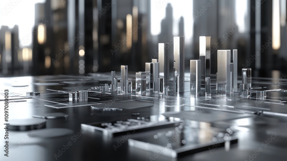 Aufkleber a futuristic cityscape with transparent structures representing data or financial markets.