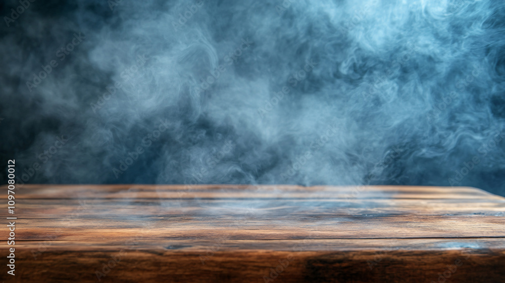 Poster mysterious atmosphere created by smoke-filled background on empty wooden table