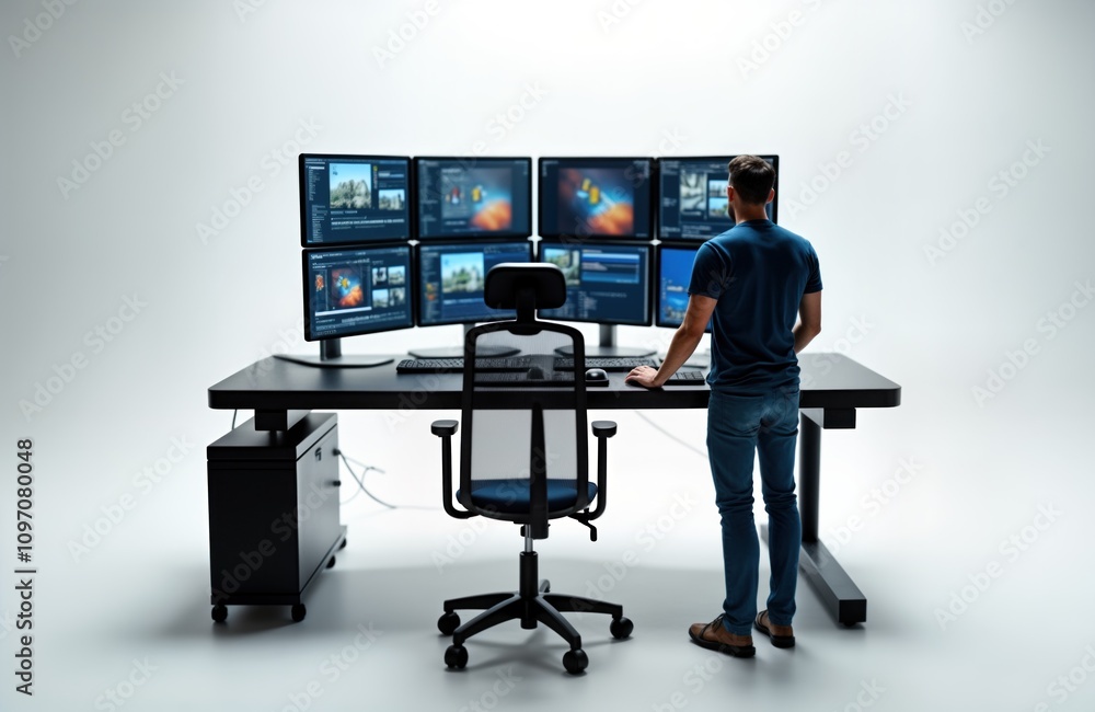 Poster man works at big desk with many computer monitors. he uses modern tech for video editing. studio wor