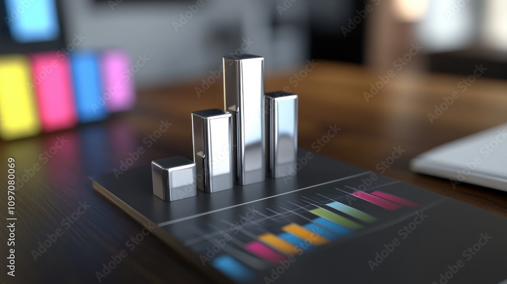 Poster A 3D bar chart model displayed on a desk, representing data visualization and analysis.
