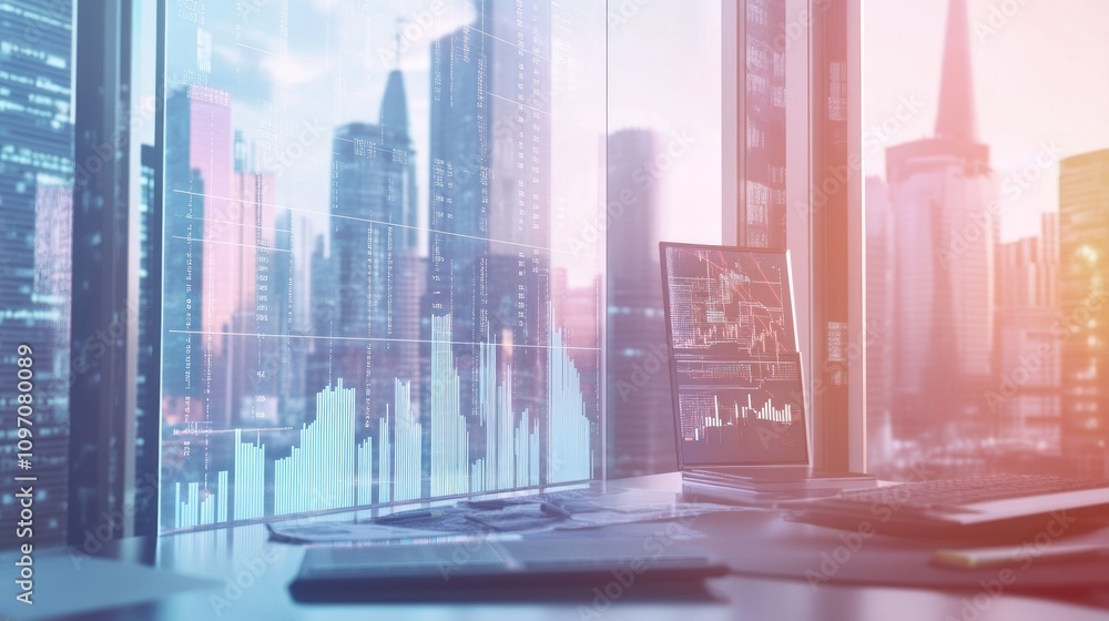 Aufkleber Modern office workspace with city skyline view and data analysis on screen.