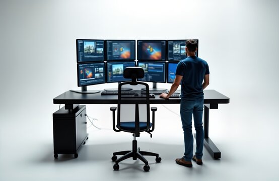 Man works at big desk with many computer monitors. He uses modern tech for video editing. Studio workplace. Digital media production. High-tech office. - Powered by Adobe