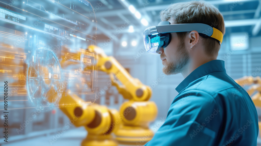 Aufkleber worker uses augmented reality glasses to control robotic arms in a modern factory setting