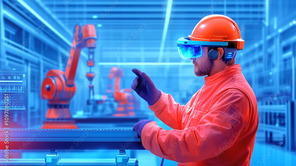 Poster worker in safety gear uses augmented reality to interact with robots in a modern facility