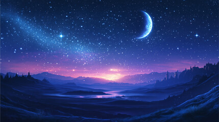 Celestial Dreamscape: A captivating panorama of a starlit night sky, with a crescent moon and a dusting of stardust, illuminating a serene and ethereal landscape.