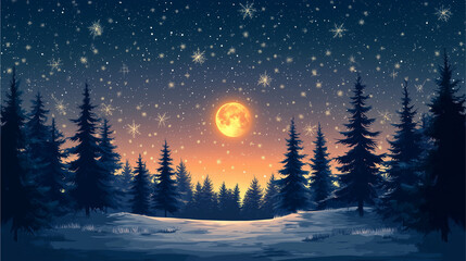 Fototapeta premium Winter Night's Embrace: A full moon casts a warm, orange glow over a snow-covered forest, creating a serene and magical winter scene. The starry sky adds to the enchanting atmosphere. 