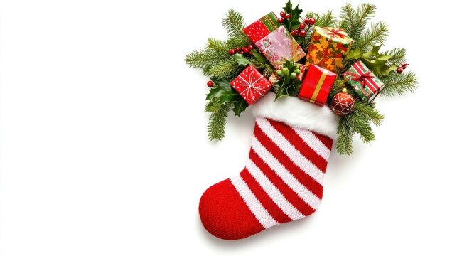 A festive Christmas stocking filled with gifts and greenery.