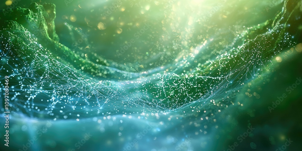 Poster A digital transformation concept showing an abstract flow of data moving through interconnected nodes, symbolizing innovation in technology. The colors are sleek with blu