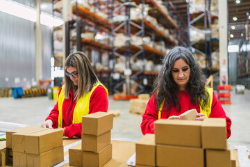 Concentrated senior female warehouse workers preparing cardboard boxes for shipping