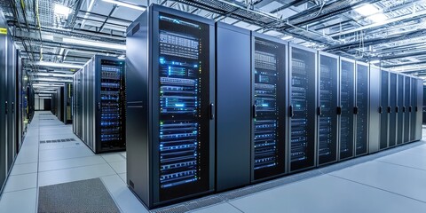 A futuristic data center with advanced cyber infrastructure, showcasing servers, firewalls, and secure network connections to ensure safety and protection.