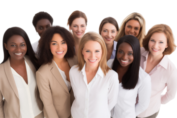 Group of smiling interracial businesswomen in suits on transparent background. Group of businesswomen attract each other. Rich women. Business leader. Startup boss. Isolated image. PNG cutout.