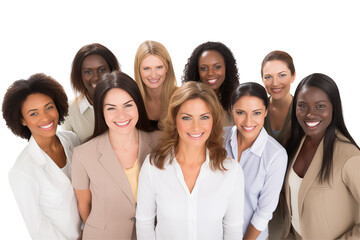 Obraz premium Group of smiling interracial businesswomen in suits on transparent background. Group of businesswomen attract each other. Rich women. Business leader. Startup boss. Isolated image. PNG cutout.