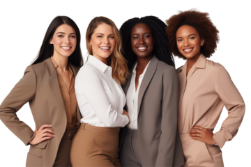 Group of smiling interracial businesswomen in suits on transparent background. Group of businesswomen attract each other. Rich women. Business leader. Startup boss. Isolated image. PNG cutout.