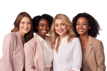 Group of smiling interracial businesswomen in suits on transparent background. Group of businesswomen attract each other. Rich women. Business leader. Startup boss. Isolated image. PNG cutout.