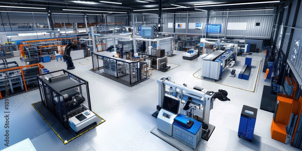 Fototapete A modern factory floor where automated robots and machines work in tandem, showcasing the efficiency and future potential of automation systems in manufacturing.