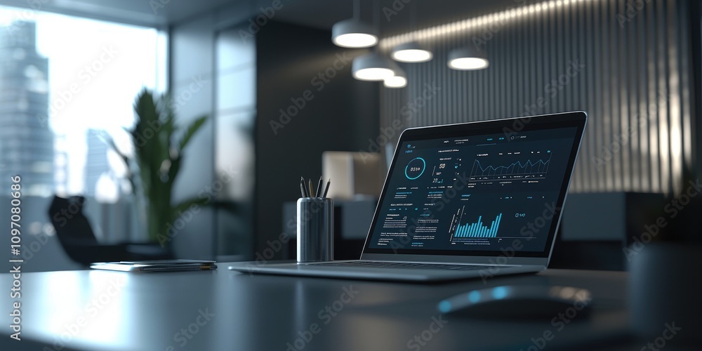 Leinwandbilder A virtual assistant on a laptop screen, displaying a business tool interface for managing finances and operations, set in a modern office.