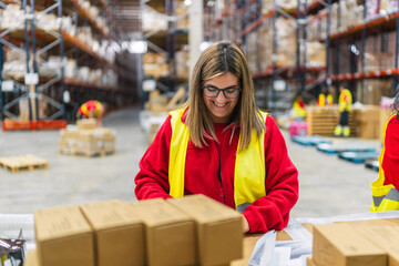 Female warehouse worker packaging goods for distribution in logistics center