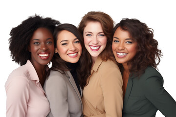Fototapeta premium Group of smiling interracial businesswomen in suits on transparent background. Group of businesswomen attract each other. Rich women. Business leader. Startup boss. Isolated image. PNG cutout.