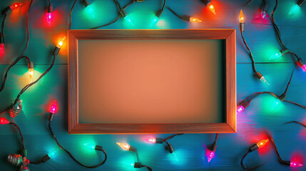Colorful string lights surround a blank wooden frame on a bright blue background
