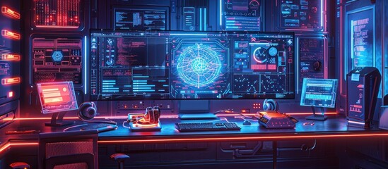 Obraz premium Futuristic tech room with glowing screens displaying data, network, and digital information.