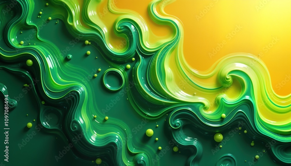 Poster Abstract green yellow paint flows. Liquid swirls create texture. 3D waves pattern. Color art design. Wallpaper background. Nature inspired. Trendy fluid art. Green paint texture. Liquid illustration.