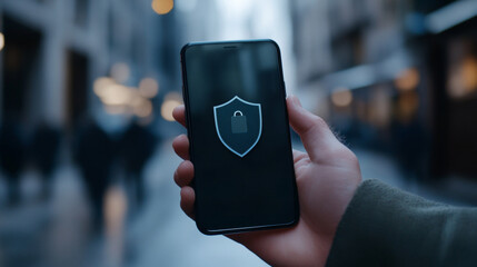 A hand holds a phone showing a shield icon.  The phone is safe from hackers, viruses, and spam thanks to its antivirus protection.  It's secure.