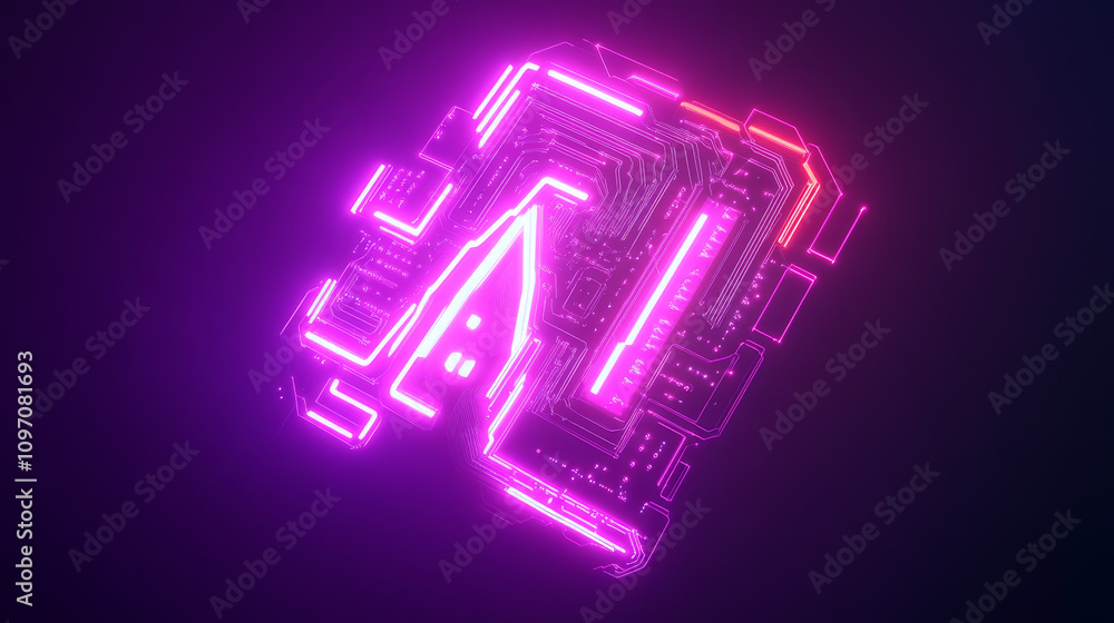 Poster a simple ai logo or icon. it uses neon lights and circuit board designs to represent artificial inte