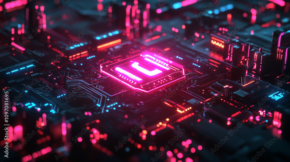 Poster a simple ai logo or icon. it uses neon lights and circuit board designs to represent artificial inte