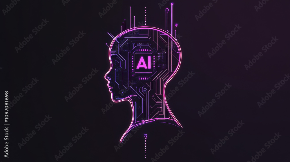 Poster a simple ai logo or icon. it uses neon lights and circuit board designs to represent artificial inte