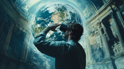 A man uses VR glasses to explore a digital globe.  He's experiencing virtual and augmented reality in a simulated world.