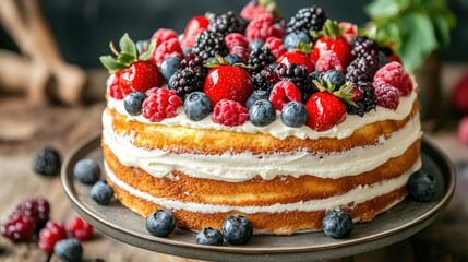 Gourmet dessert featuring a cream-covered cake topped with colorful seasonal fruits, styled on a minimalist plate