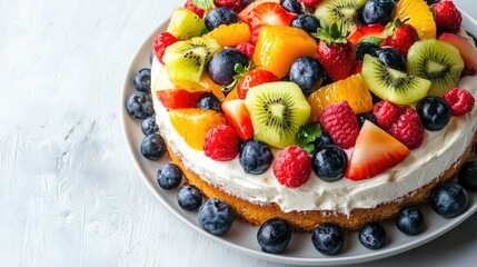 Gourmet dessert featuring a cream-covered cake topped with colorful seasonal fruits, styled on a minimalist plate