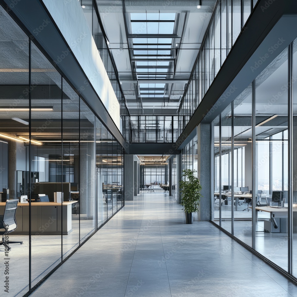 Poster modern open office space design. 3d rendering