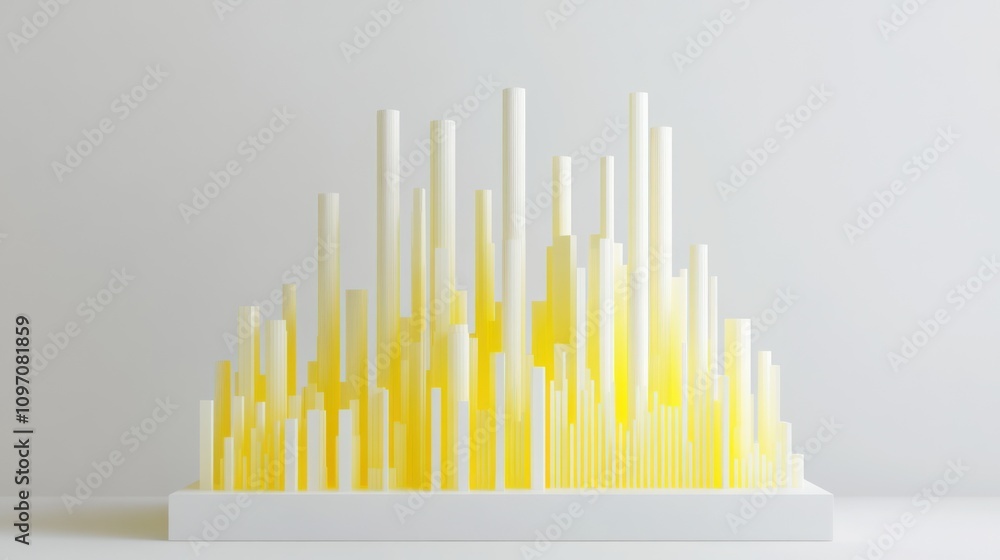 Poster a modern sculpture featuring yellow and white vertical bars arranged in a dynamic wave.