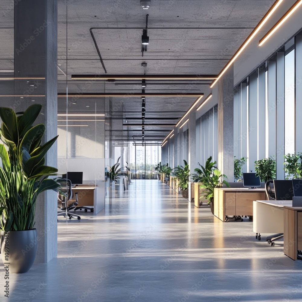 Poster modern open office space design. 3d rendering