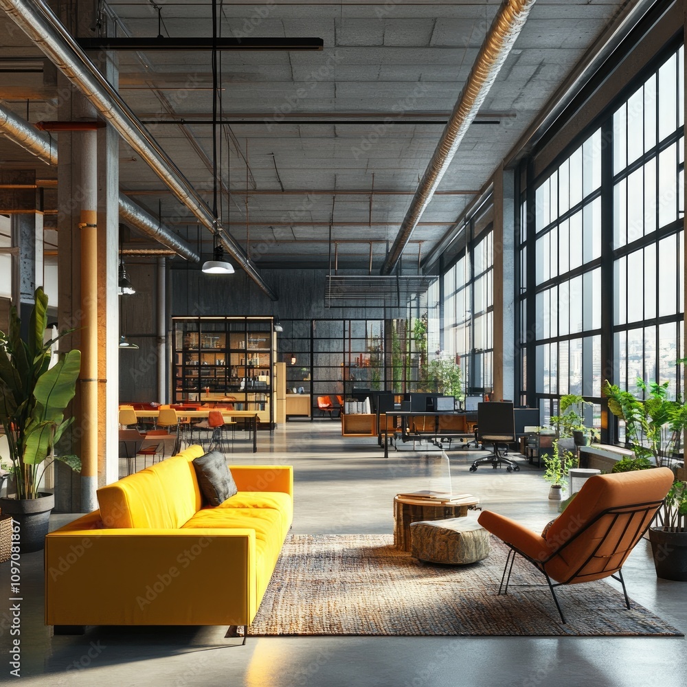 Poster modern open office space design. 3d rendering