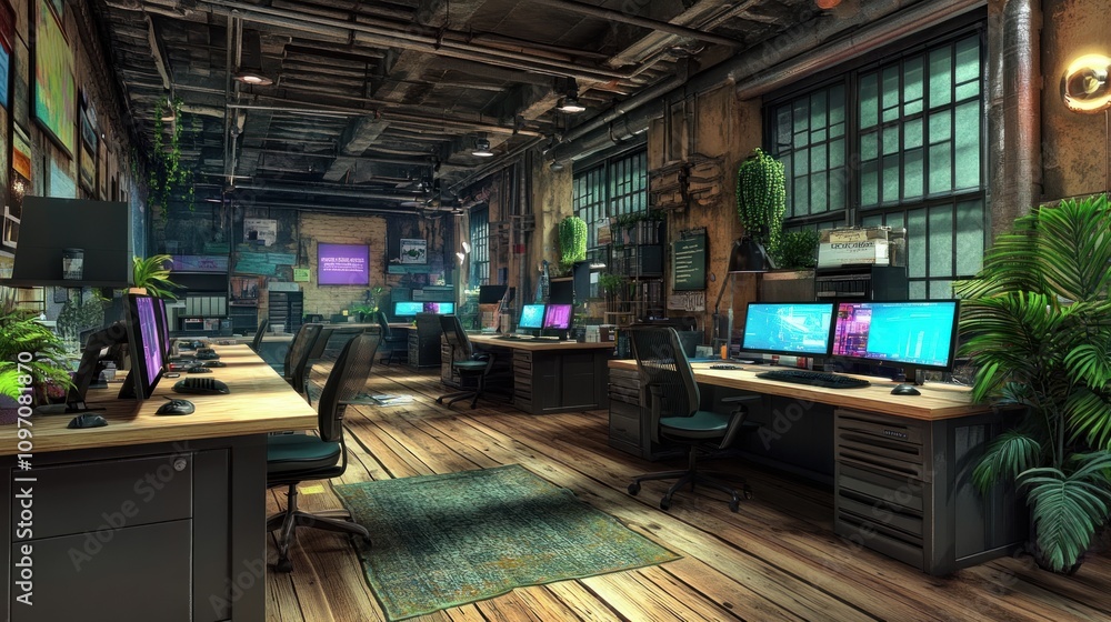 Poster a modern workspace featuring multiple desks, computers, and greenery in an industrial setting.