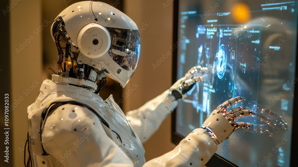 Poster a robot uses a 3d touchscreen. its back is to us, but we can see it touch a button on a holographic 