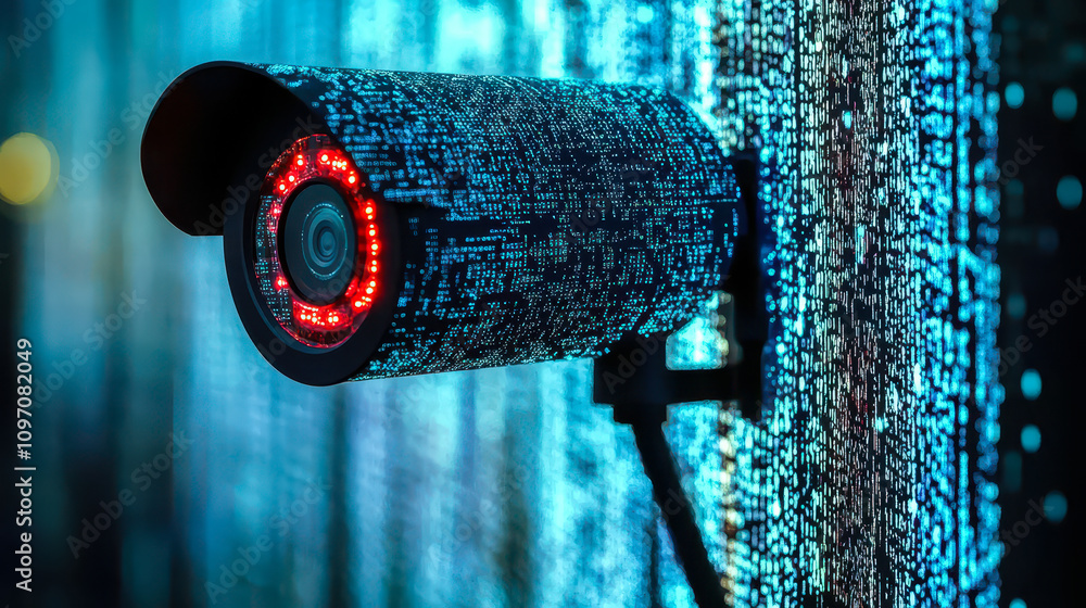 Poster ai-powered surveillance camera with binary code for enhanced security monitoring