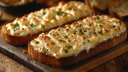 Savory garlic bread with melted cheese and parsley garnish on wooden board
