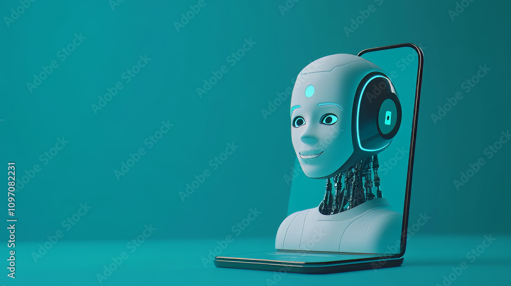 Poster a robot head on a phone screen shows an ai chatbot. this ai talks to users through messaging apps. i