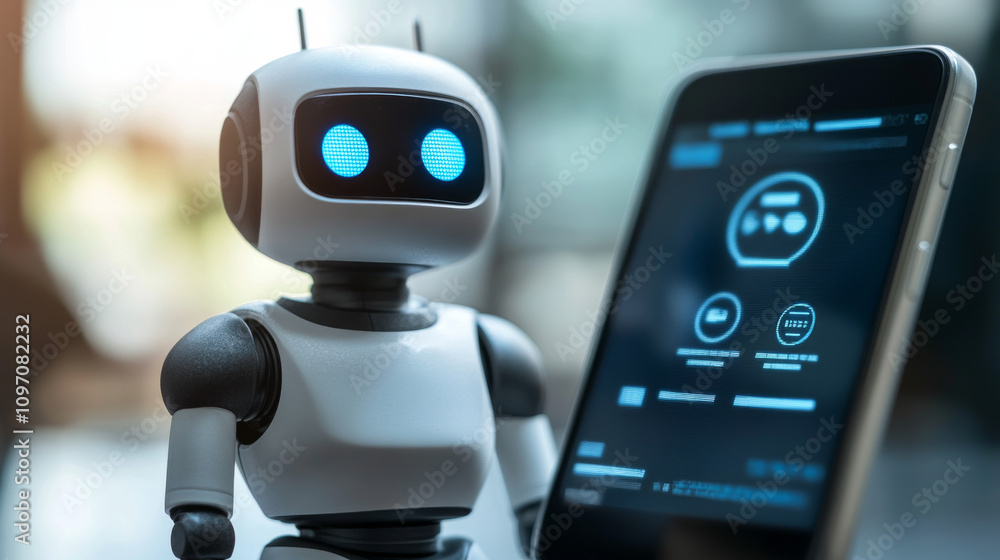Poster a robot head on a phone screen shows an ai chatbot. this ai talks to users through messaging apps. i