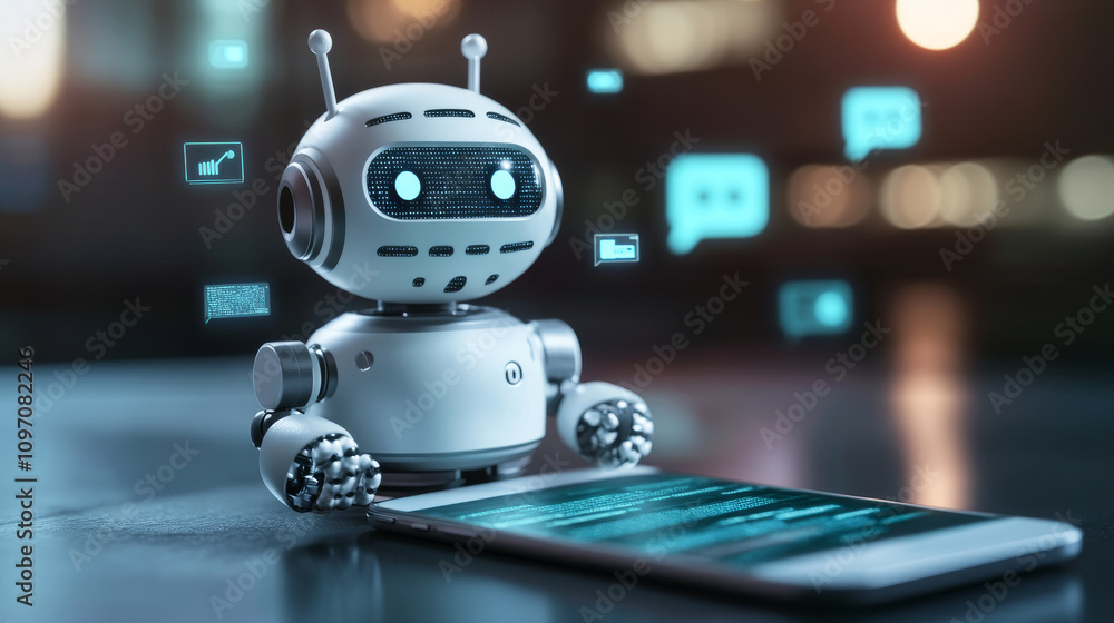 Poster a robot head on a phone screen shows an ai chatbot. this ai talks to users through messaging apps. i