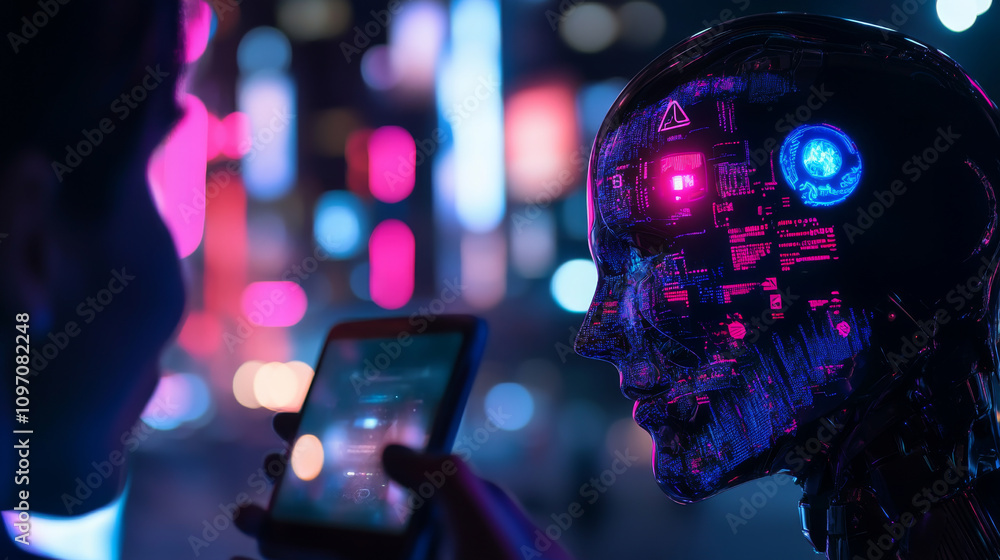 Poster a robot head on a phone screen shows an ai chatbot. this ai talks to users through messaging apps. i