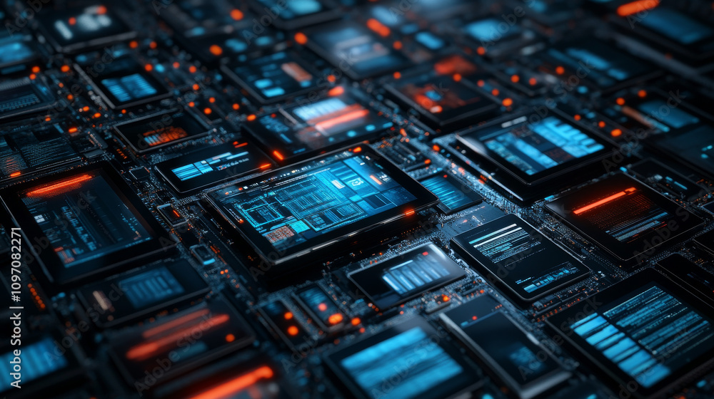 Poster smartphones, tablets, and laptops are shown, representing digital technology. software is being crea