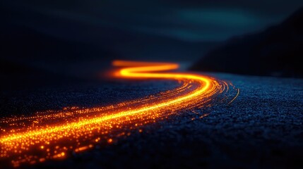 Glowing Orange Trails on Dark Mountain Road at Night