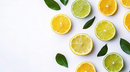 Fresh Lemon and Lime Slices with Green Leaves on White Background
