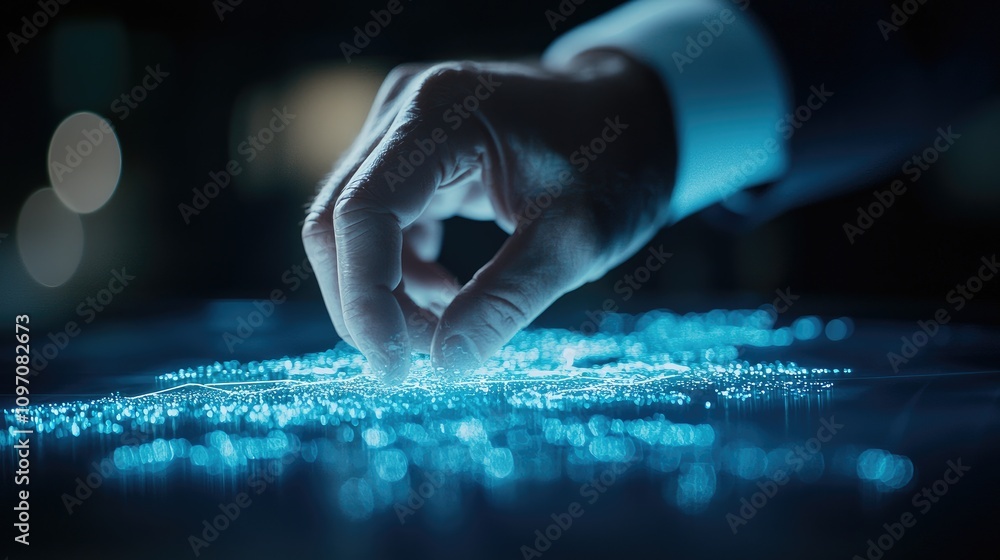 Poster hand reaching for data points in digital interface