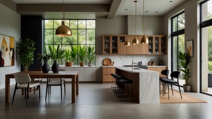 Fototapeta premium Modern kitchen and dining area with large windows, wooden cabinets, and marble island.
