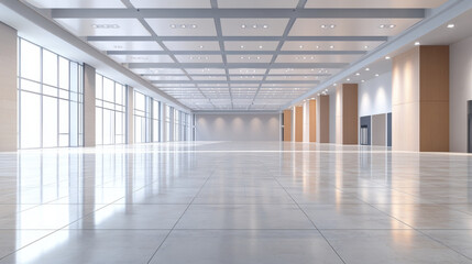 Fototapeta premium An empty convention hall with tile floors is ready for an event. It's a 3D model showing blank exhibit spaces.